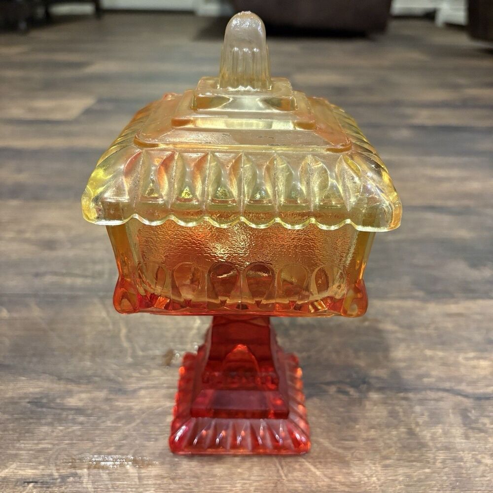 Vintage Amberina Glass Covered Pedestal Square Wedding Box Dish 8.5" - Picture 2 of 8